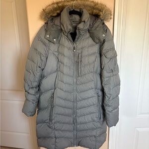 Eddie Bauer Gray Quilted Down Long Puffer Coat with Faux Fur Trim